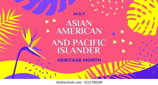 Asian American and Pacific Islander Heritage Month. Vector banner for social media, card, poster. Illustration with text, tropical plants. Asian Pacific American Heritage Month horizontal composition