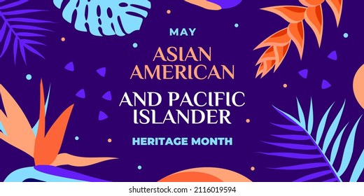 Asian American and Pacific Islander Heritage Month. Vector banner for social media, card, poster. Illustration with text, tropical plants. Asian Pacific American Heritage Month horizontal composition - Shutterstock ID 2116019594