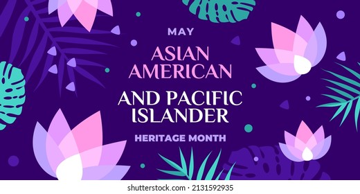 Asian American and Pacific Islander Heritage Month. Vector banner for social media, card, poster. Illustration with text and lotus, tropical leaf. Asian Pacific American Heritage Month flyer. - Shutterstock ID 2131592935