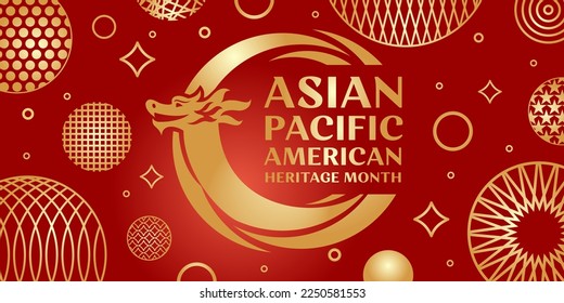 Asian american and pacific islander heritage month. Vector banner for social media. Illustration with text, chinese lanterns on red background. Asian Pacific American Heritage Month card, flyer.