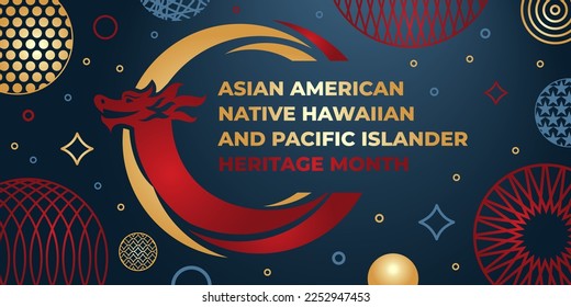 Asian american and pacific islander heritage month. Vector banner for social media. Illustration with text, chinese dragon, lanterns on background. Asian Pacific American Heritage Month card, flyer.