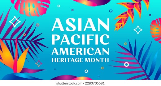 Asian American and Pacific Islander Heritage Month. Vector banner for social media, card, flyer. Illustration with text, tropical plants. Asian Pacific American Heritage Month horizontal composition