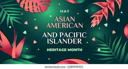 Asian American and Pacific Islander Heritage Month. Vector banner for social media, card, flyer. Illustration with text and tropical flowers. Asian Pacific American Heritage Month on green background.