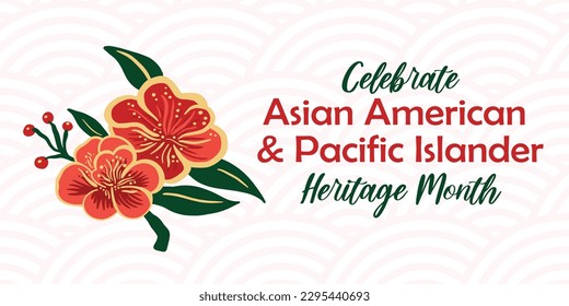 Asian American, Pacific Islander Heritage month vector banner with oriental wave pattern background and asian style peony blossom. AAPI celebration.