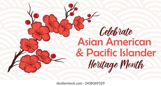 Asian American, Pacific Islander Heritage month vector banner with hand drawn sakura cherry blossom branch. Greeting card, AAPI print