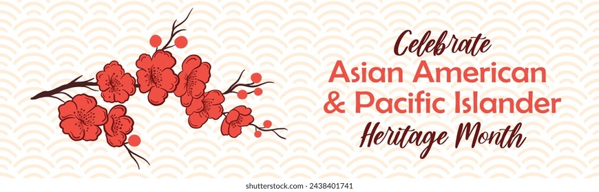 Mes del Patrimonio Asiático Estadounidense e Isleño del Pacífico. Banner horizontal vectorial con flor de cerezo sakura. Celebración anual de la historia de la API en Estados Unidos