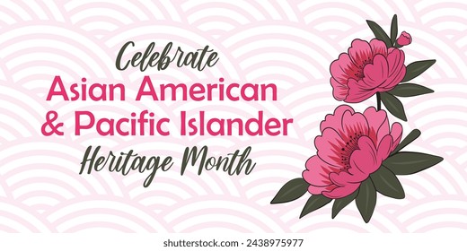 Asiatisch Amerikanisch, Pazifische Insel Erbe Monat Vektor-Banner mit Hand gezeichnete asiatische Pfingstrose Blumen Silhouette. Grußkarte, API-Druck