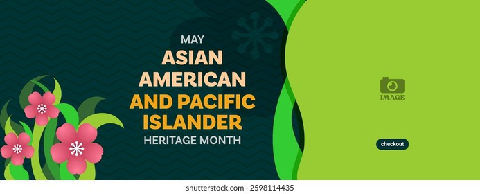 Asian American and Pacific Islander Heritage Month. Banner design with flower illustration and zig-zang line patterns for greetings in May, campaigns, ads