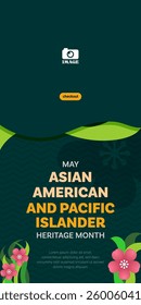 Asian American and Pacific Islander Heritage Month. Banner design with flower illustration and zig-zang line patterns for greetings in May, campaigns, ads