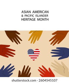 asian american and pacific islander heritage month abstract banner. diverse hands and american flag heart. vector flat greeting card or banner