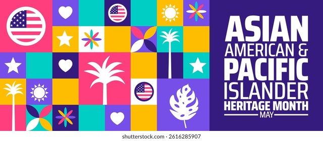 Asian American and Pacific Islander Heritage Month Geometric shape pattern background banner or poster design template with usa flag. observed every year in May. Holiday concept. Use to any Template.