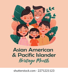 Asian American, Pacific Islanders Heritage month - celebration in USA. Cute vector banner with happy family portrait. Greeting card, banner AAPI