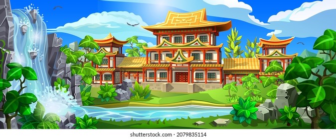 Asian ancient palace with towers on the banks of a picturesque river, near a waterfall. A temple with red columns and golden roofs surrounded by deciduous forest. 