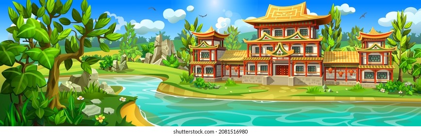 Asian ancient palace with towers on the banks of a picturesque river. Red dragon temple with golden roofs surrounded by forest and mountains. 