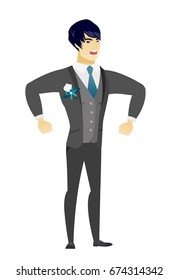 Asian angry bridegroom screaming. Young angry bridegroom clenching fists. Angry bridegroom in a wedding suit shouting with raised fists. Vector flat design illustration isolated on white background.