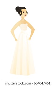 Asian angry fiancee screaming. Full length of angry fiancee in white dress clenching fists. Angry fiancee shouting with raised fists. Vector flat design illustration isolated on white background.