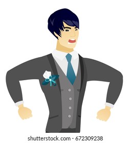 Asian angry groom screaming. Young angry groom clenching fists. Angry groom in a wedding suit shouting with raised fists. Vector flat design illustration isolated on white background.