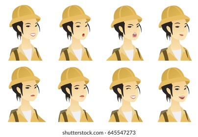 Asian angry traveler shouting. Furious traveler shouting. Portrait of a traveler shouting. Set of traveler with different facial emotions. Vector flat design illustrations isolated on white background