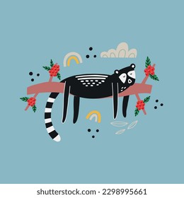 Asian animal kopi luwak lies on a branch coffee cherry. Hand drawn doodle vector illustration