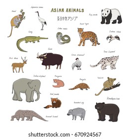 asian animals doodle graphic vector illustrations set