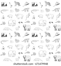 asian animals doodle graphic vector seamless pattern