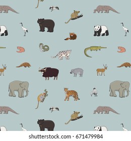 asian animals doodle graphic vector seamless pattern