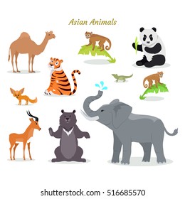 Asian animals fauna species. Cute asian animals flat vector. Northern predators. Nature concept for children's book. Camel, panda, tiger, chameleon, monkey, deer, grizzly bear, elephant