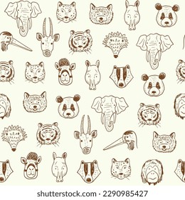 Asian animals funny faces vector line seamless pattern.