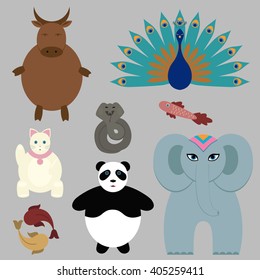 Asian animals, set vector illustration, symbols of asia