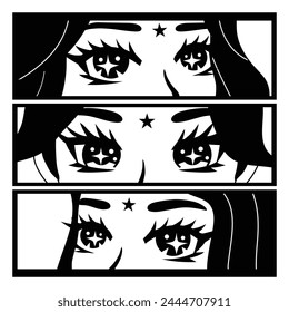 Asian anime eyes look. Manga, manhwa style. Japanese comics. Hand drawn vector illustration for print design, posters, banners. Isolated on white background 
