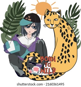 asian anime manga girl illustration vector graphic wild tiger vector illustration 