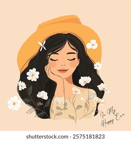 Asian anime manga romantic girl illustration vector graphic Cute Girl wearing Hat spring flowers