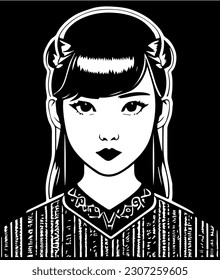 asian anime woman poster  abstract frame set simple illustration. Elegant  gothic female face art deco monochrome hand drawn for poster exhibition