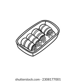 Asian appetizer. Enoki mushrooms wrapped in bacon. Korean snack. Traditional japanese barbecue meal. Grill yakitori. Vector illustration in outline style about food