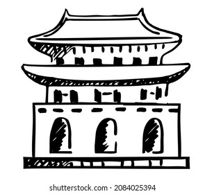 Asian architecture building topped with a curved roof. Sketch Buddhist Pagoda. 