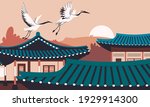 Asian architecture flat cartoon illustration. Traditional hanok building  banner design. Сrane birds fly over the rooftops printing card