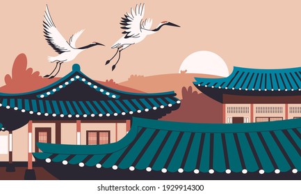 Asian architecture flat cartoon illustration. Traditional hanok building  banner design. Сrane birds fly over the rooftops printing card