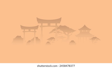 Asian architecture in foggy silhouette at sunrise. Horizontal banner. Designs for posters, web sites, postcards. Vector