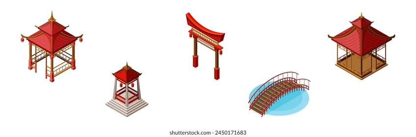 Asian Architecture with Gazebo, Bridge and Torii Gate Isometric Vector Set