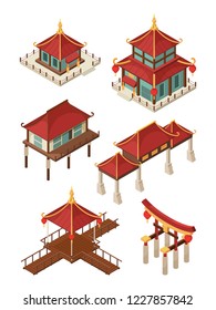 Asian Architecture Isometric. Traditional Chinese And Japan Houses Buildings Roof Vector 3d Illustrations