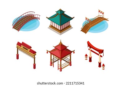 Asiatische Architektur mit Pagoda, Bridge, Gate und Gazebo - Isometrisches Vektorset