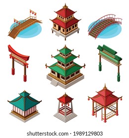 Asian Architecture with Pagoda, Gates and Bridges Isometric Vector Set