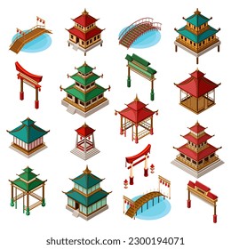 Asian Architecture with Pagoda, Gates and Bridges Isometric Big Vector Set