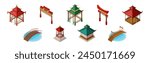 Asian Architecture with Pagoda, Gazebo, Torii Gate and Bridge Isometric Vector Set