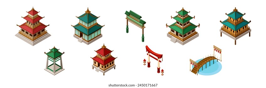 Asian Architecture with Pagoda, Gazebo, Torii Gate and Bridge Isometric Vector Set