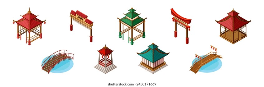 Asian Architecture with Pagoda, Gazebo, Torii Gate and Bridge Isometric Vector Set