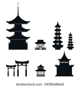 Asian architecture in silhouette on white isolated background. For poster designs, web sites, postcards. Vector