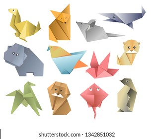 Asian art or hobby origami paper animals folded sheets vector seal and fox mouse and whale hippo and bird cat and dog stingray and penguin geometric shapes wild species fish and mammals or pets