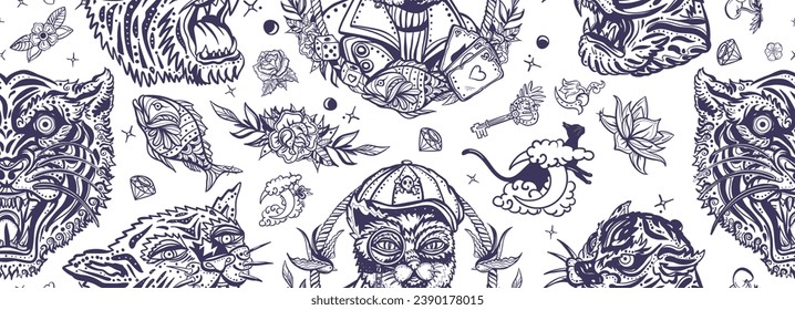 Asian art style. Traditional oriental tattooing background. Tigers and cats seamless pattern. Old school tattoo