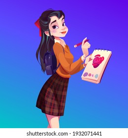 Asian artist girl paint flowers, young woman painter in chequered short skirt and rucksack holding pencil and sketchbook with rose blossom sketch. Workshop studio class, Cartoon vector illustration